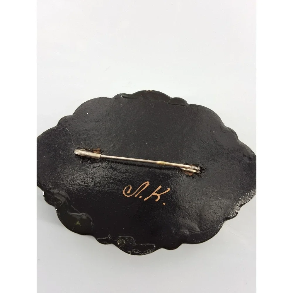 Vintage Russian Lacquer Brooch Hand‎ Painted Floral Zhostovo Signed Black Pin
